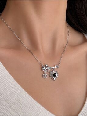 Natural Black Opal Key & Heart Fleur-de-Lis Pendant Necklace